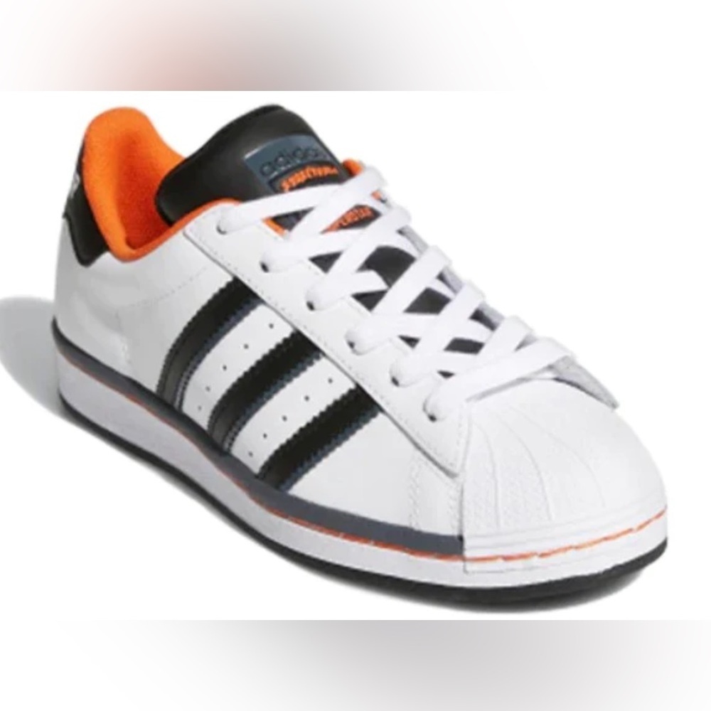 Sz 4.5 Adidas Superstar in the "Cloud White/Core Black/Orange"